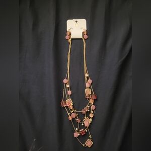 Gold and Pink Layered Necklace And Earrings